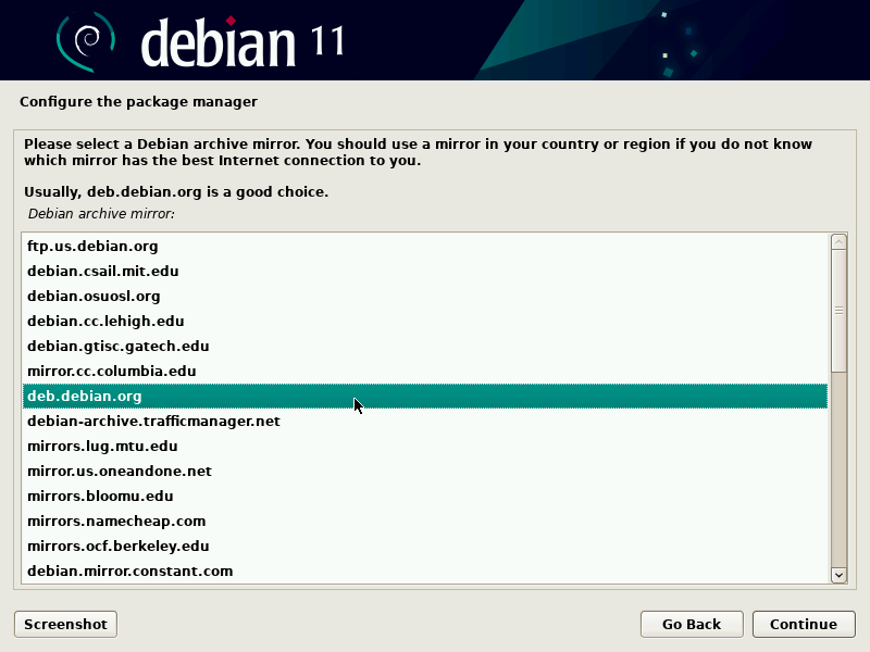 Выбор зеркала Debian